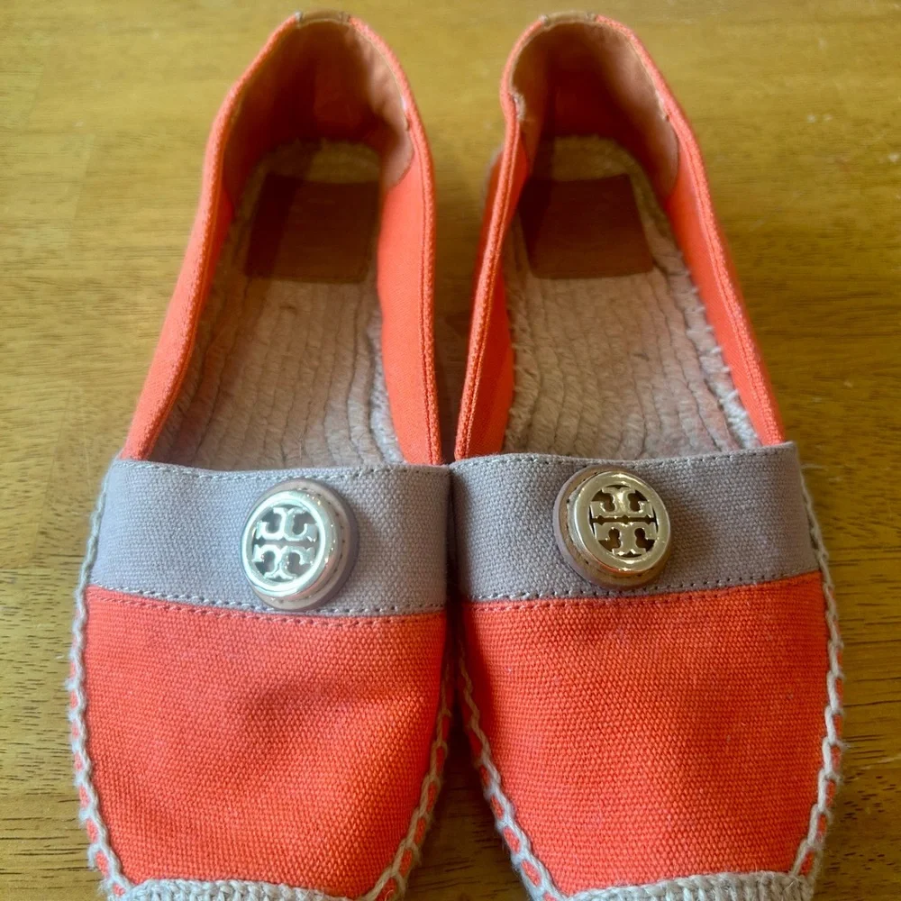 Tory Burch Coral Canvas Espadrille Flats with Taupe Band